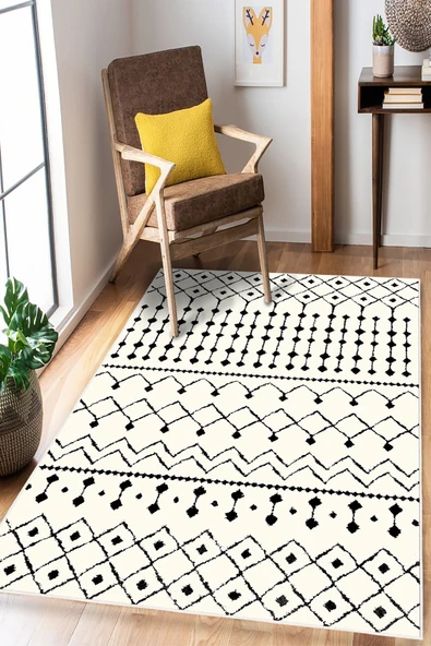 Bohem Çizgili Dijital Baskılı Kaymaz Yıkanabilir Salon Oturma Odası Mutfak Antre Balkon Halı Yolluk 100 x 400 cm Beyaz ürün görseli 1