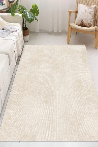 Düz Desenli Baskılı Kaymaz Yıkanabilir Salon Oturma Odası Mutfak Antre Halısı Yolluk 120 x 200 cm Krem ürün görseli 1