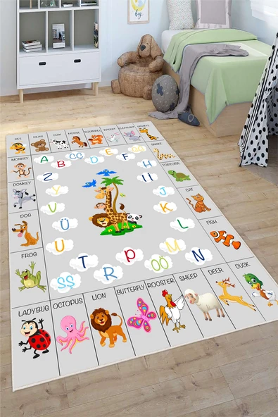 Gri Alfabe Desenli Baskılı Yıkanabilir Kaymaz Taban Eğitici Öğretici Anaokulu ve Kreş Halısı 80 x 400 cm Gri ürün görseli 1