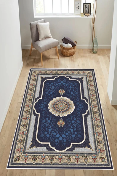 Klasik Desenli Göbekli Baskılı Kaymaz Yıkanabilir Salon Oturma Odası Halısı Yolluk 160 x 230 cm Lacivert ürün görseli 1