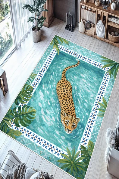 Tropikal Leopar Desenli Baskılı Kaymaz Yıkanabilir Salon Oturma Odası Hol Antre Mutfak Balkon Halısı 80 x 250 cm Çok Renkli ürün görseli 1