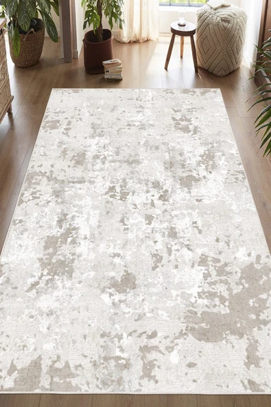 Soyut Desenli Baskılı Kaymaz Yıkanabilir Salon Oturma Odası Mutfak Antre Halısı Yolluk 120 x 180 cm Bej ürün görseli 1