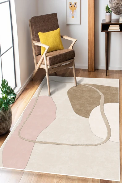 Modern Soyut Desen Baskılı Kaymaz Yıkanabilir Salon Oturma Odası Mutfak Halısı Yolluk 160 x 230 cm Bej ürün görseli 1