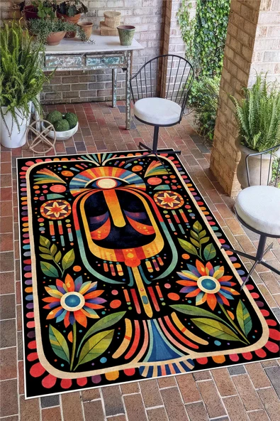 Etnik Bohem Desen Baskılı Kaymaz Yıkanabilir Salon Oturma Odası Mutfak Antre Halısı Yolluk 200 x 290 cm Çok Renkli ürün görseli 1