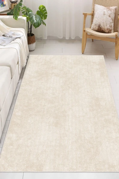 Düz Desenli Baskılı Kaymaz Yıkanabilir Salon Oturma Odası Mutfak Antre Halısı Yolluk 160 x 230 cm Krem ürün görseli 1