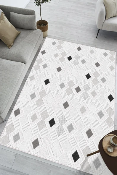 Etnik Baklava Desenli Baskılı Kaymaz Yıkanabilir Salon Oturma Odası Mutfak Antre Halısı Yolluk 200 x 250 cm Gri ürün görseli 1