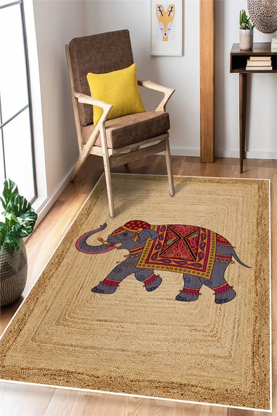 Etnik Fil Desenli Jüt Görünümlü Baskılı Kaymaz Yıkanabilir Salon Oturma Odası Mutfak Halısı Yolluk 100 x 300 cm Bej ürün görseli 1