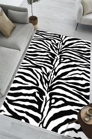Zebra Desenli Dijital Baskılı Kaymaz Yıkanabilir Salon Oturma Odası Antre Mutfak Halısı Yolluk 80 x 250 cm Siyah ürün görseli 1
