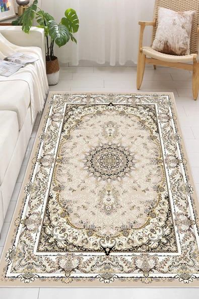 Klasik Desen Dijital Baskılı Kaymaz Yıkanabilir Salon Oturma Odası Mutfak Halısı Yolluk 60 x 100 cm Bej ürün görseli 1