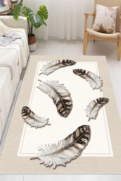 Çerçeveli Yaprak Desenli Baskılı Kaymaz Yıkanabilir Salon Oturma Odası Mutfak Antre Halısı Yolluk 60 x 100 cm Bej ürün görseli 1