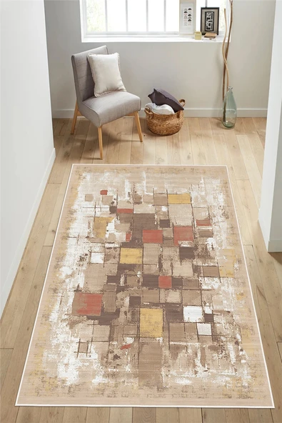 Modern Desenli Bej Baskılı Kaymaz Yıkanabilir Salon Oturma Odası Mutfak Antre Halısı Yolluk 50 x 60 cm Bej