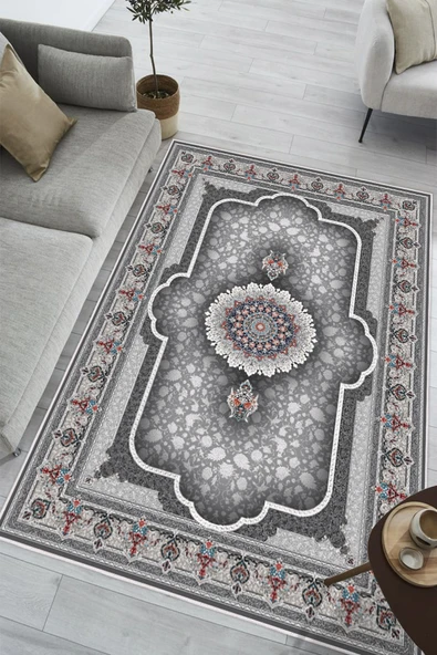 Klasik Desenli Göbekli Baskılı Kaymaz Yıkanabilir Salon Oturma Odası Halısı Yolluk 120 x 200 cm Gri ürün görseli 1