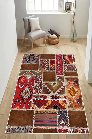 Patchwork Kilim Desenli Baskılı Kaymaz Yıkanabilir Salon Oturma Odası Mutfak Antre Halısı Yolluk 100 x 200 cm Çok Renkli ürün görseli 1