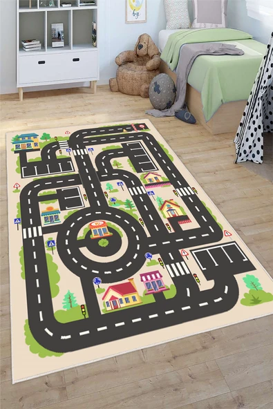 Yol Desenli Baskılı Yıkanabilir Kaymaz Taban Çocuk Halısı Oyun Anaokulu ve Kreş Halısı 200 x 400 cm Çok Renkli ürün görseli 1