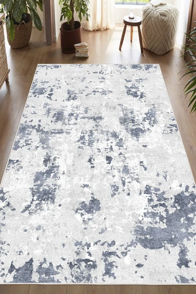 Soyut Desenli Baskılı Kaymaz Yıkanabilir Salon Oturma Odası Mutfak Antre Halısı Yolluk 80 x 400 cm Lacivert ürün görseli 1