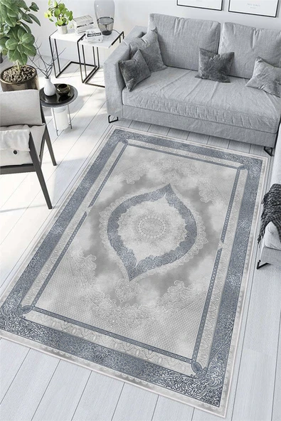 Klasik Mavi Desenli Baskılı Kaymaz Yıkanabilir Salon Oturma Odası Mutfak Antre Halısı Yolluk 100 x 150 cm Mavi ürün görseli 1