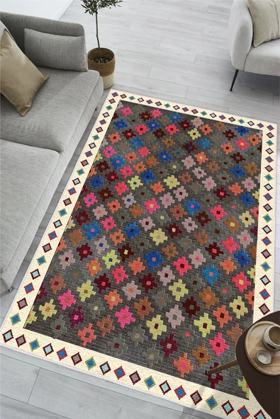Renkli Kilim Desenli Dijital Baskılı Yıkanabilir Kaymaz Salon Oturma Odası Halısı Yolluk 100 x 300 cm Gri ürün görseli 1