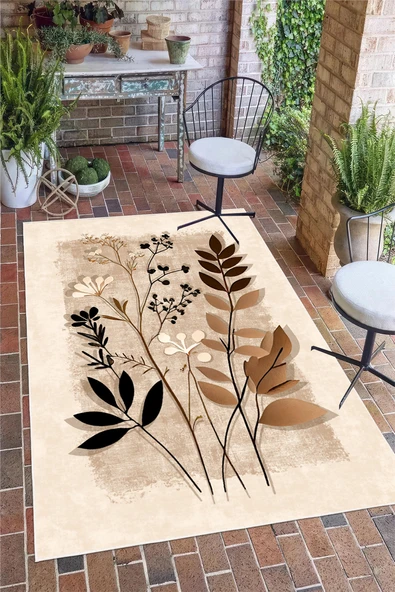 Yaprak Desenli Bej Baskılı Kaymaz Yıkanabilir Salon Oturma Odası Mutfak Antre Halısı Yolluk 80 x 200 cm Bej ürün görseli 1