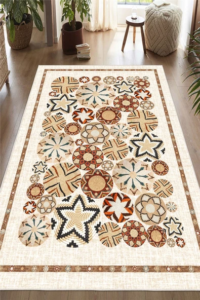 Bohem Etnik Desenli Baskılı Kaymaz Yıkanabilir Salon Oturma Odası Mutfak Halısı Yolluk 200 x 300 cm Krem ürün görseli 1