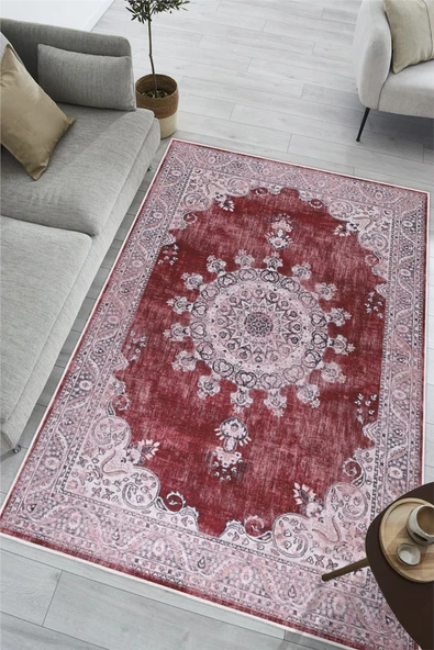 Kilim Desenli Baskılı Kaymaz Yıkanabilir Salon Oturma Odası Mutfak Antre Halısı Yolluk 200 x 250 cm Bordo ürün görseli 1