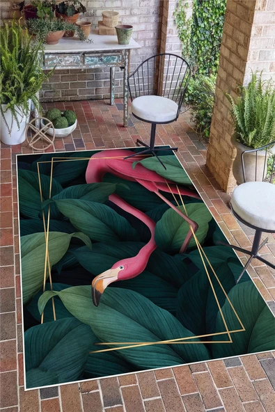 Flamingo Desenli Baskılı Kaymaz Yıkanabilir Salon Oturma Odası Mutfak Balkon Halısı Yolluk 50 x 60 cm Yeşil