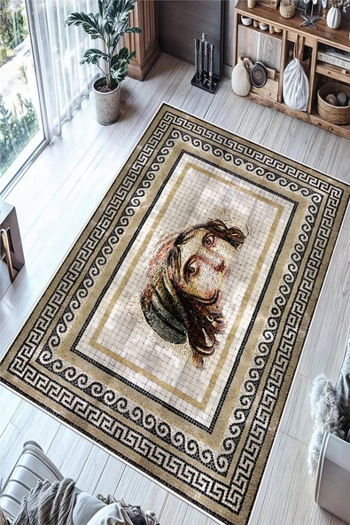 Antik Roma Figürlü Mozaik Desenli Baskılı Kaymaz Yıkanabilir Halı Salon Oturma Odası Halısı Yolluk 100 x 200 cm Bej ürün görseli 1