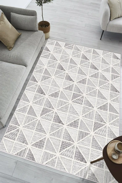 Geometrik Desenli Modern Baskılı Kaymaz Yıkanabilir Salon Oturma Odası Mutfak Antre Halısı Yolluk 100 x 200 cm Gri ürün görseli 1