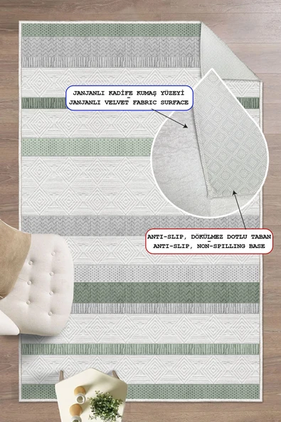 Çizgili Desen Baskılı Kaymaz Yıkanabilir Salon Oturma Odası Mutfak Antre Halısı Yolluk 100 x 150 cm Yeşil ürün görseli 1