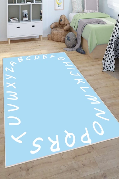 Alfabe Desenli Baskılı Yıkanabilir Kaymaz Taban Eğitici Öğretici Anaokulu ve Kreş Halısı 120 x 180 cm Mavi ürün görseli 1