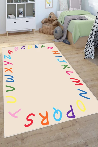 Alfabe Desenli Baskılı Yıkanabilir Kaymaz Taban Eğitici Öğretici Anaokulu ve Kreş Halısı 200 x 250 cm Çok Renkli ürün görseli 1