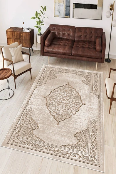 Göbekli Klasik Desen Baskılı Kaymaz Yıkanabilir Salon Oturma Odası Mutfak Halısı Yolluk 80 x 400 cm Bej ürün görseli 1