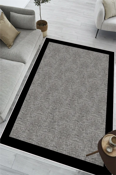 Modern Siyah Çerçeveli Baskılı Kaymaz Yıkanabilir Salon Oturma Odası Mutfak Antre Halısı Yolluk 100 x 200 cm Siyah ürün görseli 1