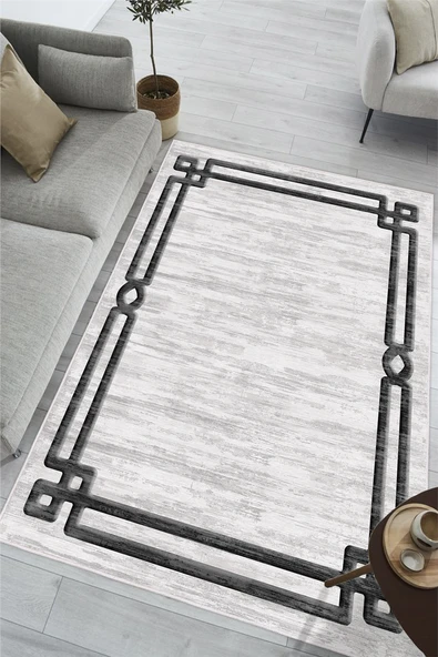 Modern Çerçeveli Dijital Baskılı Kaymaz Yıkanabilir Salon Oturma Odası Antre Mutfak Halısı Yolluk 200 x 250 cm Gri ürün görseli 1