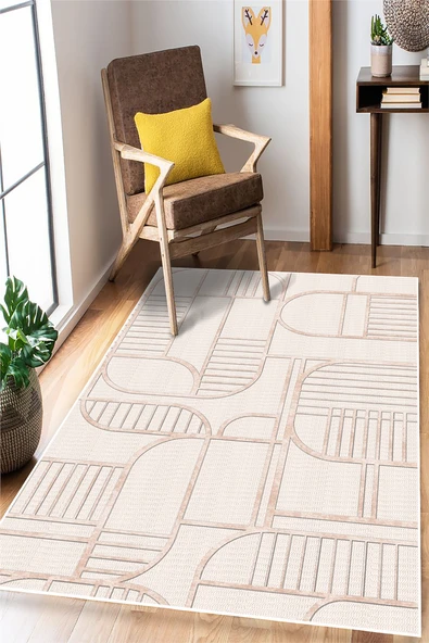 Modern Desenli Bej Dijital Baskılı Kaymaz Yıkanabilir Salon Oturma Odası Antre Mutfak Halısı Yolluk 80 x 300 cm Bej ürün görseli 1
