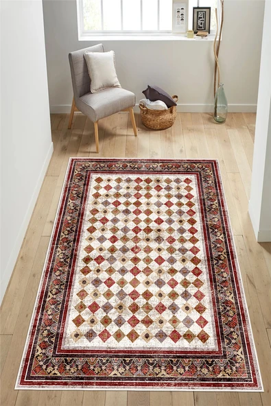 Renkli Kilim Desenli Baskılı Kaymaz Yıkanabilir Salon Oturma Odası Mutfak Antre Halısı Yolluk 50 x 60 cm Çok Renkli