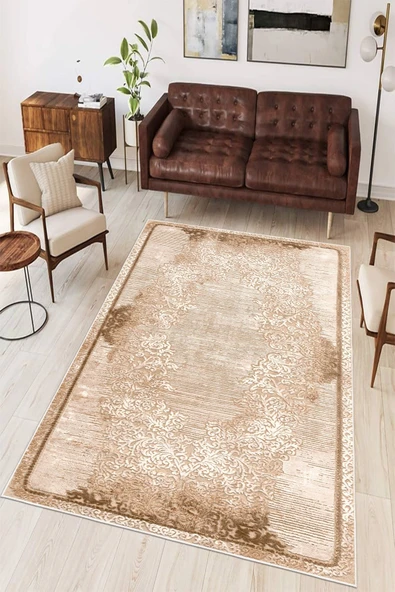 Çerçeve Desen Baskılı Kaymaz Yıkanabilir Salon Oturma Odası Mutfak Antre Halısı Yolluk 100 x 200 cm Bej ürün görseli 1