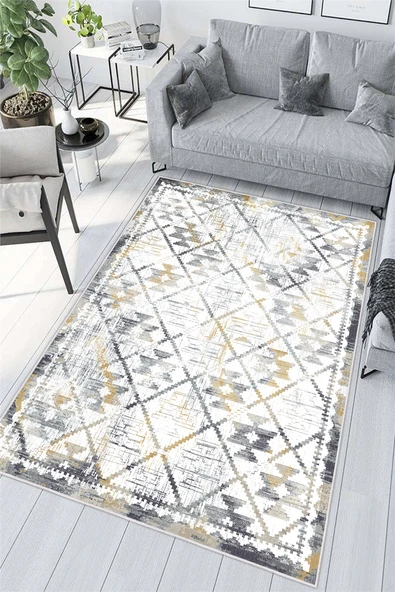 Modern Kilim Desen Baskılı Kaymaz Yıkanabilir Salon Oturma Odası Mutfak Antre Halısı Yolluk 200 x 250 cm Çok Renkli ürün görseli 1