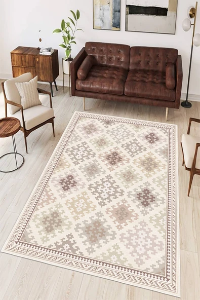 Kilim Desen Baskılı Kaymaz Yıkanabilir Salon Oturma Odası Mutfak Antre Balkon Halısı Yolluk 120 x 200 cm Bej ürün görseli 1