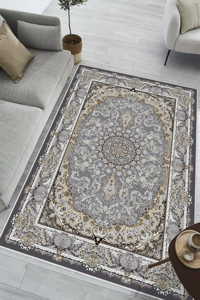 Klasik Desen Dijital Baskılı Kaymaz Yıkanabilir Salon Oturma Odası Mutfak Halısı Yolluk 200 x 250 cm Gri ürün görseli 1