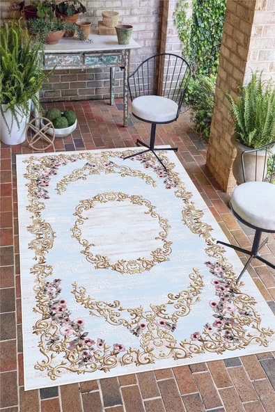 Çerçeveli Çiçek Desenli Baskılı Kaymaz Yıkanabilir Salon Oturma Odası Mutfak Antre Halısı Yolluk 80 x 250 cm Mavi ürün görseli 1