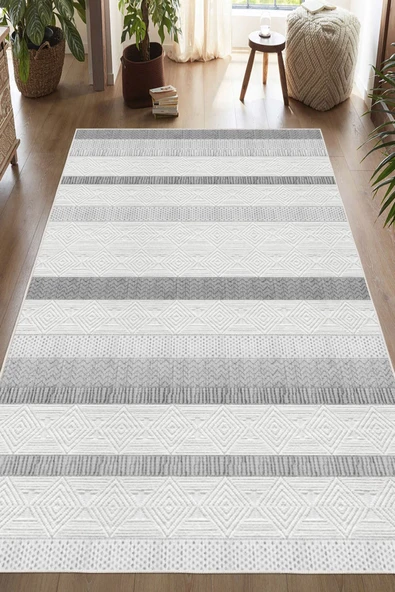 Çizgili Desen Baskılı Kaymaz Yıkanabilir Salon Oturma Odası Mutfak Antre Halısı Yolluk 100 x 250 cm Gri ürün görseli 1