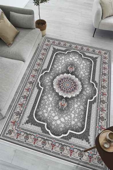 Klasik Desenli Göbekli Baskılı Kaymaz Yıkanabilir Salon Oturma Odası Halısı Yolluk 50 x 60 cm Gri