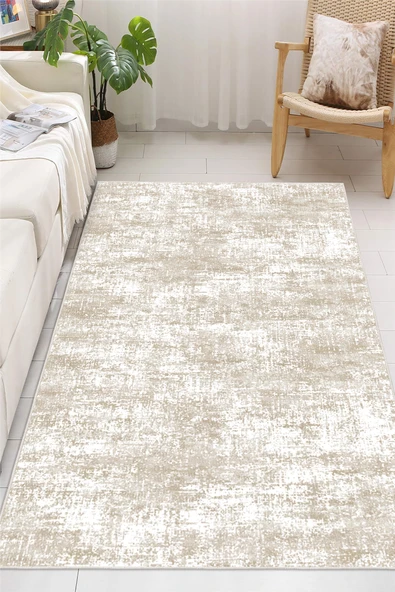 Soyut Desenli Bej Baskılı Kaymaz Yıkanabilir Salon Oturma Odası Mutfak Antre Halısı Yolluk 50 x 60 cm Bej