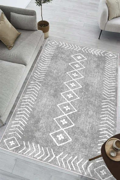 Modern Etnik Kilim Desenli Dijital Baskılı Yıkanabilir Kaymaz Taban Salon Halısı Yolluk 160 x 230 cm Gri ürün görseli 1