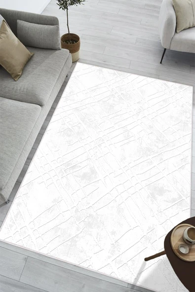Soyut Desen Baskılı Kaymaz Yıkanabilir Salon Oturma Odası Mutfak Hol Antre Halısı Yolluk 100 x 200 cm Beyaz ürün görseli 1