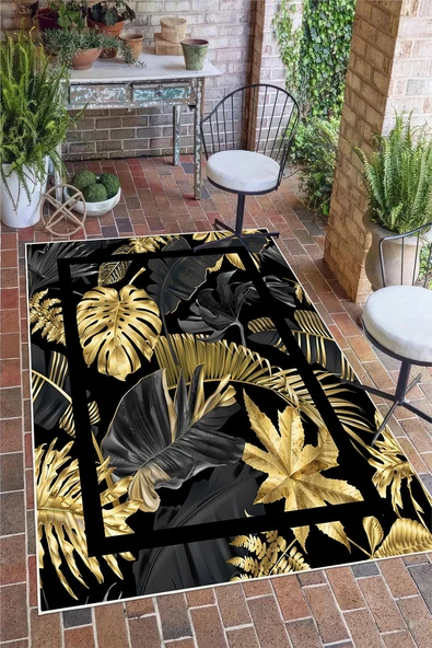 Siyah Yaprak Desen Baskılı Kaymaz Yıkanabilir Salon Oturma Odası Mutfak Antre Halısı Yolluk 120 x 200 cm Siyah ürün görseli 1