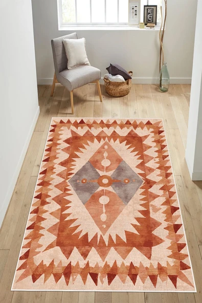Otantik Etnik Geometrik Desenli Kiremit Dijital Baskılı Yıkanabilir Kaymaz Taban Salon Halısı Yolluk 120 x 200 cm Çok Renkli ürün görseli 1