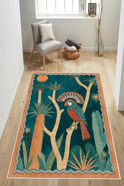 Tropikal Kuş ve Yaprak Desenli Renkli Dijital Baskılı Yıkanabilir Kaymaz Taban Salon Halısı Yolluk 100 x 400 cm Çok Renkli ürün görseli 1