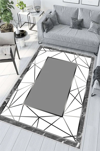 Çerçeveli Modern Desen Baskılı Kaymaz Yıkanabilir Salon Oturma Odası Mutfak Antre Halısı Yolluk 80 x 200 cm Gri ürün görseli 1
