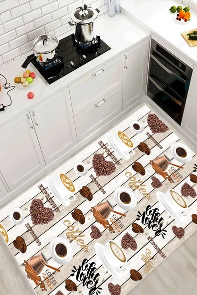 Kahve Temalı Yıkanabilir Baskılı Kaymaz Taban Mutfak Halısı Yolluk 200 x 350 cm Bej ürün görseli 1